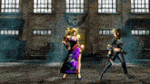 two women are standing in front of a building with graffiti on it that says kof