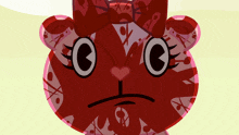 a red cartoon bear with a bow on its head has a sad look on its face