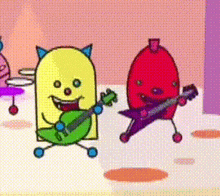 a yellow monster is playing a guitar and a red egg is playing a guitar in a cartoon .