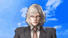 a man with long blonde hair is wearing a suit and tie