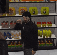 a man in a video game is standing in front of a shelf full of products including a bottle of furr