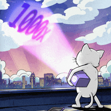 a cartoon of a cat holding a box with the number 1000x coming out of it