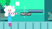 a pixel art drawing of a girl holding a gun with mash written above her
