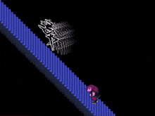 a video game character is walking down a set of stairs with a purple haired girl .