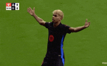 two soccer players are celebrating a goal with the scoreboard showing 4 to 0