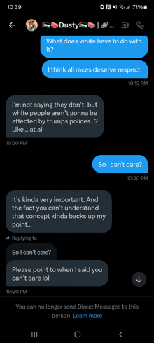 a phone screen shows a conversation between dusty and someone else