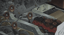 a close up of a mechanical device with gears and wheels