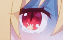 a close up of a girl 's eye with a red pupil and white circles .