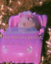 a hamster is sitting in a pink toy car with the words `` the horrors persist , but so do i '' .