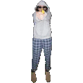a person in a hoodie and plaid pants is holding a banana in their hand .