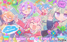 a group of anime characters are having a party with the words now party time