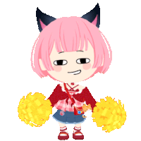 a cartoon girl with pink hair and black ears is holding pom poms