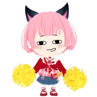 a cartoon girl with pink hair and black ears is holding pom poms