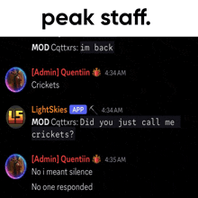 a screenshot of a chat with the words peak staff