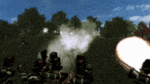 a group of soldiers are standing in a field with trees in the background