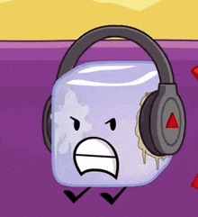 a cartoon ice cube wearing headphones with a triangle on them .