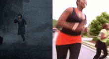 a blurry picture of a person running next to a picture of a woman running .