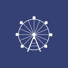 a white ferris wheel is against a blue background