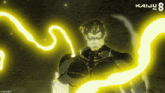 a man in a black suit is surrounded by glowing yellow lines and the letters kaiju s on the bottom right