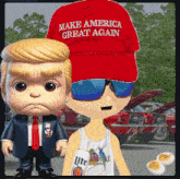 a trump doll wearing a make america great again hat stands next to a boy wearing sunglasses