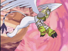 a cartoon character with wings and a tail is flying through the air