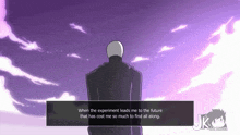 a cartoon of a man standing in front of a purple sky with the words when the experiment leads me