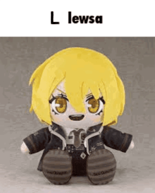 a stuffed animal with yellow hair is sitting on a table with the words `` l lewsa '' written above it .