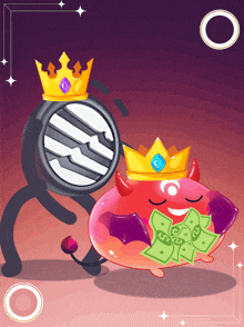 a cartoon drawing of a devil with a crown and money