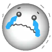 a white smiley face with blue tears coming out of it 's eyes .
