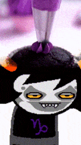 a cartoon character with a purple shirt that says " mo "