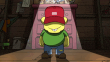 a cartoon character wearing a red hat is standing in front of a pink dresser