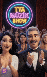 a man and a woman are clapping in front of a neon sign that says tya muzik show