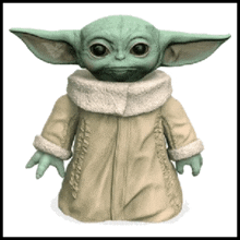 a baby yoda doll is wearing a tan coat