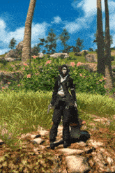 a person in a video game standing in a field with palm trees in the background