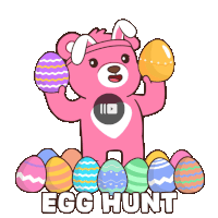a pink teddy bear wearing bunny ears is holding an easter egg in front of a pile of easter eggs