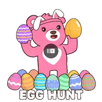 a pink teddy bear wearing bunny ears is holding an easter egg in front of a pile of easter eggs