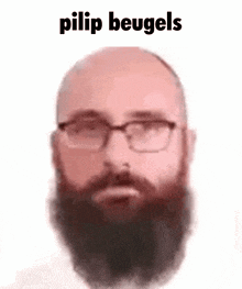 a bald man with a beard and glasses has the name pilip beugels on his head .
