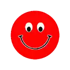 a red smiley face with black eyes and a black mouth
