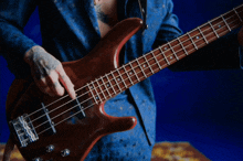 a man in a suit is playing a bass guitar