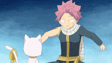 a man with pink hair is standing next to a cat