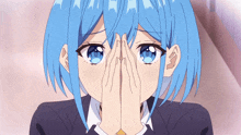 a girl with blue hair is covering her eyes with her hands
