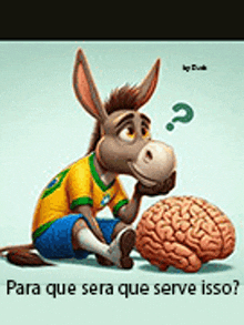 a cartoon donkey is sitting next to a brain with a question mark above it .