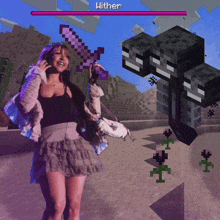 a woman is holding a sword in front of a wither in a video game