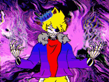 a drawing of a skeleton wearing a crown and a blue jacket