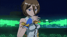 a girl in a blue and white outfit stands in front of a screen that says ' a ' on it