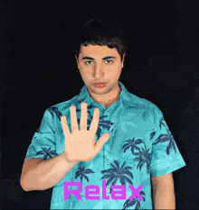 a man wearing a blue shirt with palm trees and the word relax below him