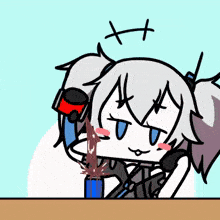 a cartoon of a girl drinking from a can with an x on her head