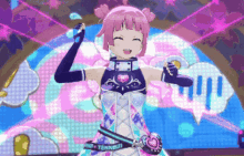 a pink haired anime girl is standing in front of a speech bubble that says tennis