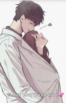a drawing of a man kissing a woman with the words i love you caleb-kun