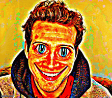 a colorful painting of a man with big eyes and a smile